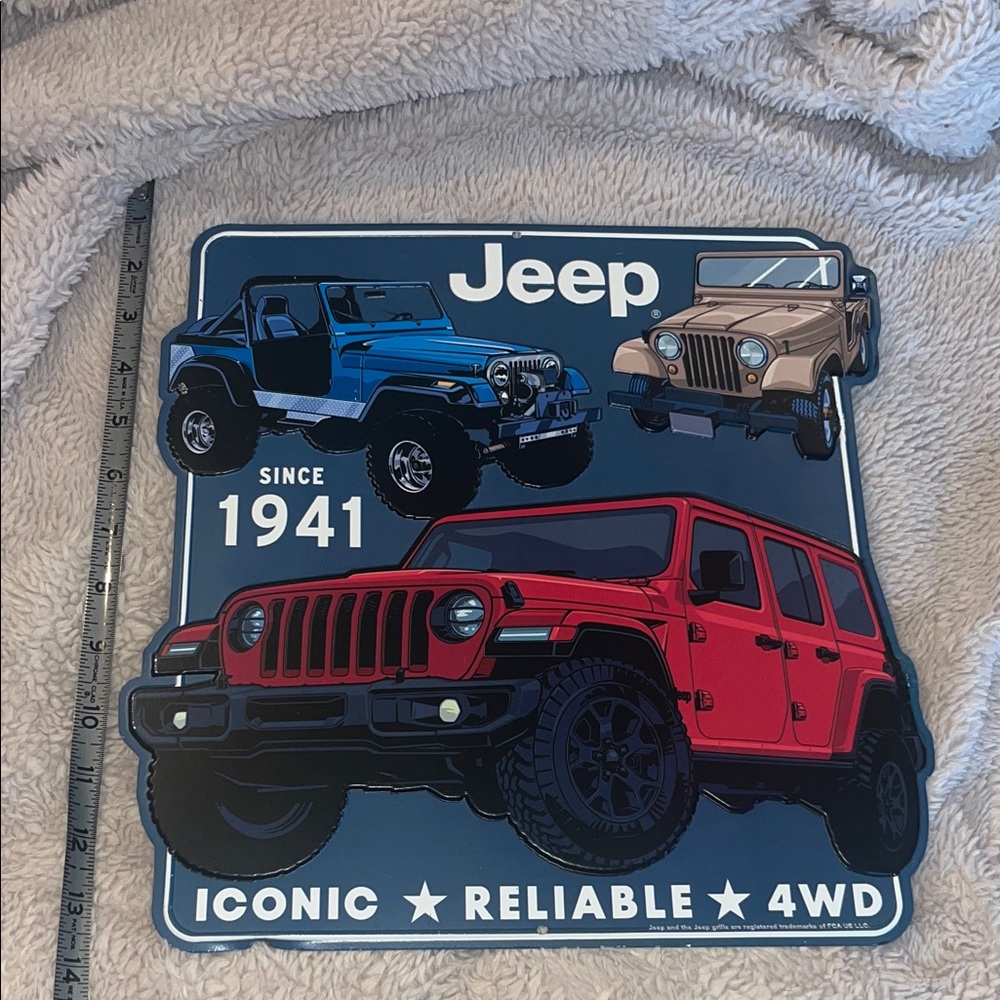 Jeep Metal Sign with Red, Blue, and Tan Vehicles